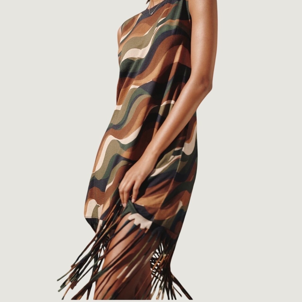 Celandine Knit Fringe Mini Dress S Abstract Wave Sleeveless Brown Pattern NEW